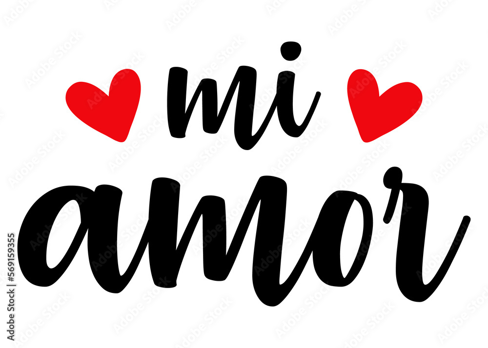 Logo del día de San Valentín. Letras de la palabra mi amor con corazones. Texto manuscrito mi