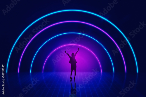happy woman standing in the middle of a semicircle futuristic neon light background