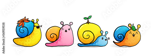 Kawaii snail character with shell and cartoon snailfish or snail-like mollusk. Kids illustration, set of lovely snail-paced slugs with random emoji, isolated on white background