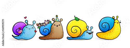 Kawaii snail character with shell and cartoon snailfish or snail-like mollusk. Kids illustration, set of lovely snail-paced slugs with random emoji, isolated on white background