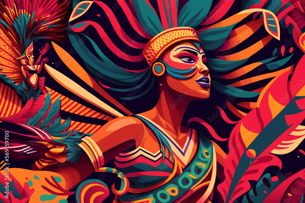 rhythm and Colors - vibrant and dynamic illustration capturing the essence of the Brazilian Carnival, a music festival and masquerade celebration. busy and energetic scene in a seamless pattern.