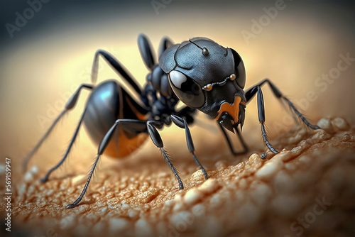 Close up black ant on the yellow sand surface with defocused macro background. Generative AI illustration. © mnjrstd