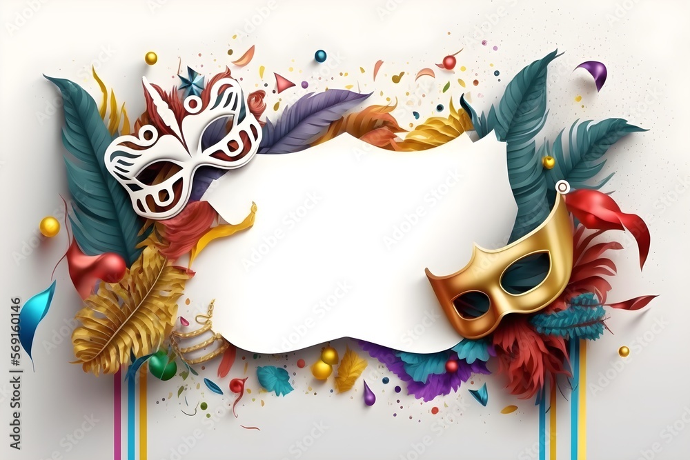 Carnival background with masks, confetti and streamers. Generative AI. Carnival background with masks, confetti and streamers. Generative AI.