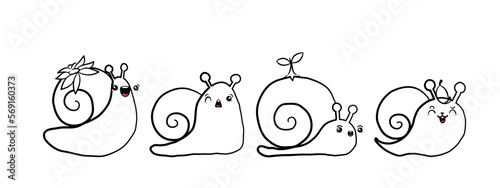 Kawaii snail character with shell and cartoon snailfish or snail-like mollusk. Coloring kids illustration, set of lovely snail-paced slugs with random emoji, isolated on white background