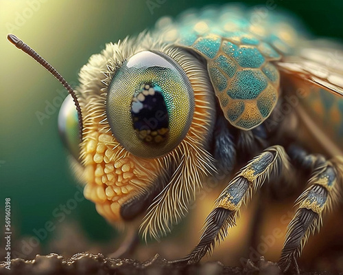 Macro close up of dragonfly isolated by rough defocused surface environment. Generative AI illustration.