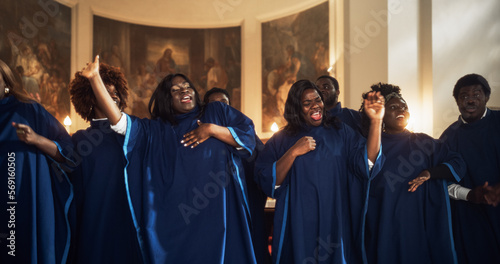 Fototapeta Black Christian Gospel Singers in Church Clapping and Stomping, Praising Lord Jesus Christ