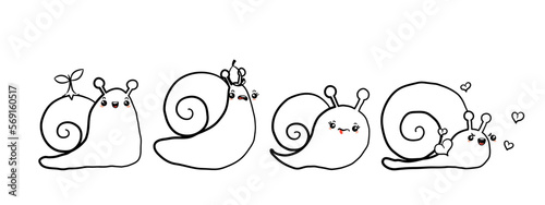 Kawaii snail character with shell and cartoon snailfish or snail-like mollusk. Coloring kids illustration, set of lovely snail-paced slugs with random emoji, isolated on white background