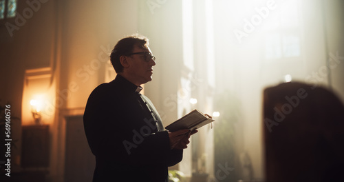 Fotografía In Christian Church: The Minister Leads Congregation In Prayer, Reads From The Holy Book, The Bible, Gospel of Jesus
