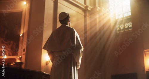 Εκτύπωση καμβά Christian Bishop Standing in Front of a Window In Church, Reflecting on Earthly Life and Mortality