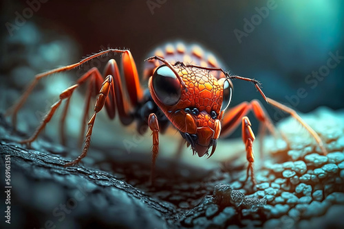 A close up of red fire ant on rough surface surrounded by defocused environment. Ants macro photography. Generative AI illustration. © mnjrstd