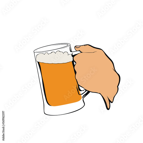 Vector illustration of a hand holding a glass of beer. Beer drinker icon.