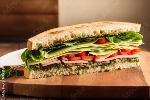 High-Resolution Image of Delicious Rustic Italian Sandwich with Fresh Ingredients, Perfect for Advertising, Presentations and Menu and for Displaying the Flavor and Texture of Italian Cuisine photo