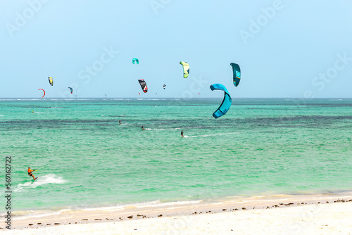 Photography Kite surfing in ocean in Paje beach, Zanzibar, Tanzania