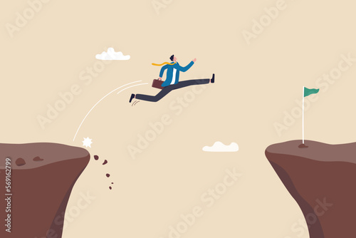 Take risk for opportunity to success, risky decision, determination or courage to overcome challenge concept, brave businessman winner jump over the cliff gap to reach success flag on other side.