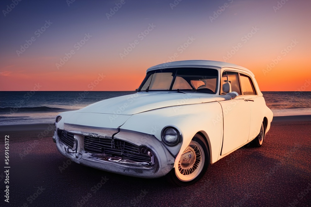 white old car with waves and sunset in the background - generative ai white old car with waves and sunset in the background - generative ai