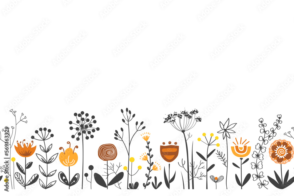 Fototapeta premium Fairy flowers border in Scandinavian folk style, seamless vector pattern. Repeating doodle grass meadow background. Design for fabric, cards, wallpaper, home decor, craft packaging.