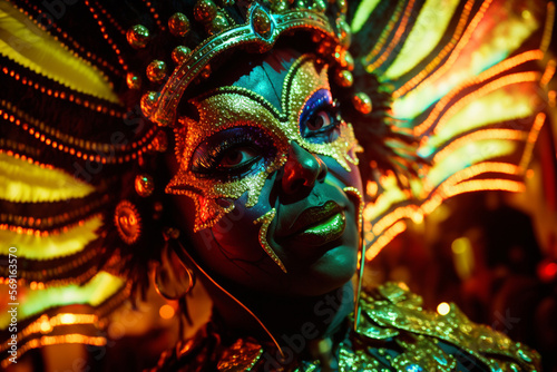 Carnival Chaos - A close-up shot of the Brazilian Carnival, capturing the energy and excitement of the music festival and masquerade celebration. AI