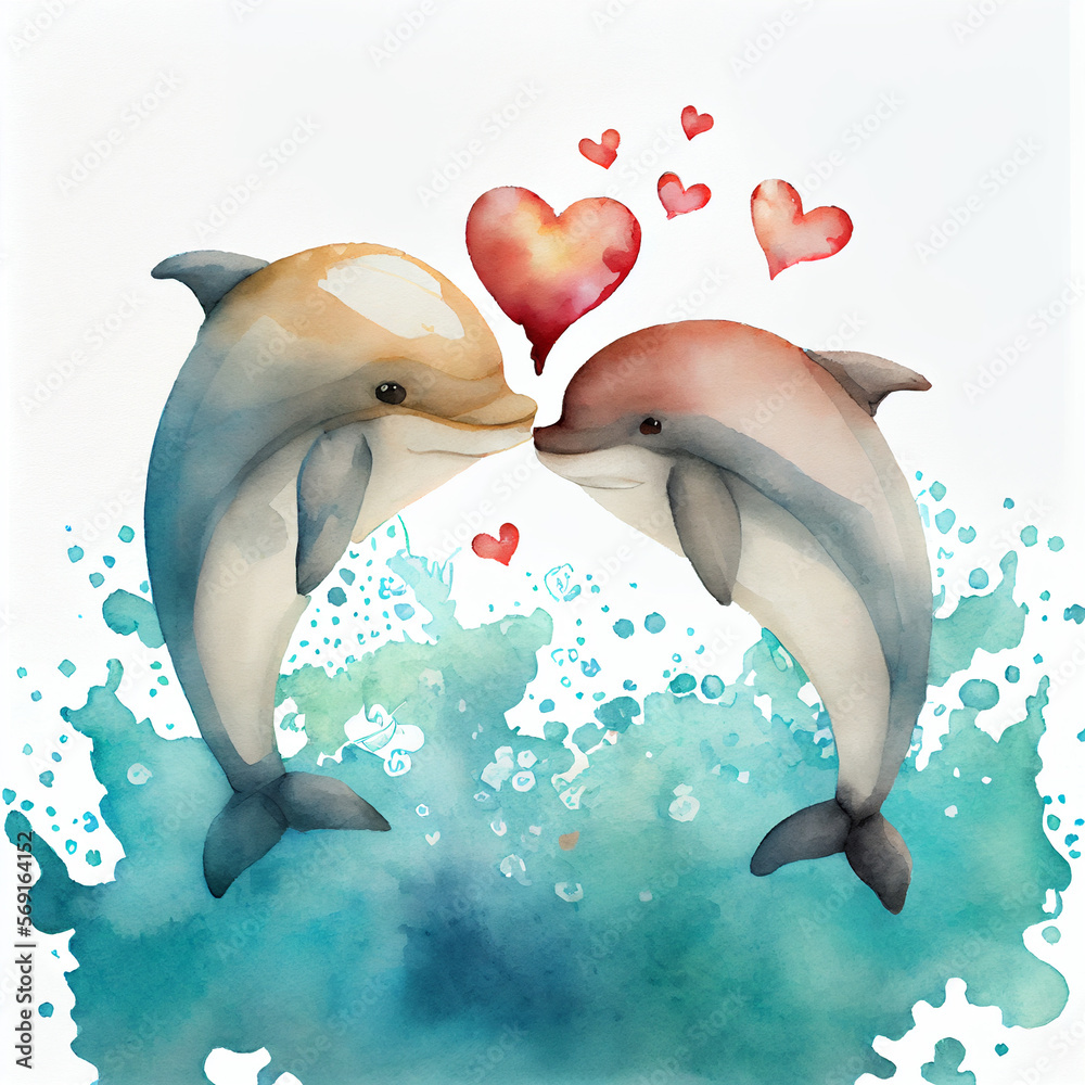 Romantic watercolor painting with dolphins love, jump and kiss each ...