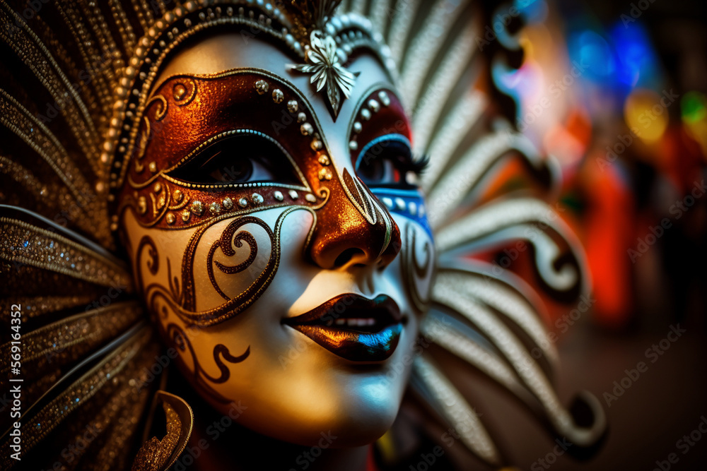 The Art of the Masquerade - A close-up shot of a stunning, intricate carnaval mask, capturing the beauty and artistry of this traditional celebration. AI