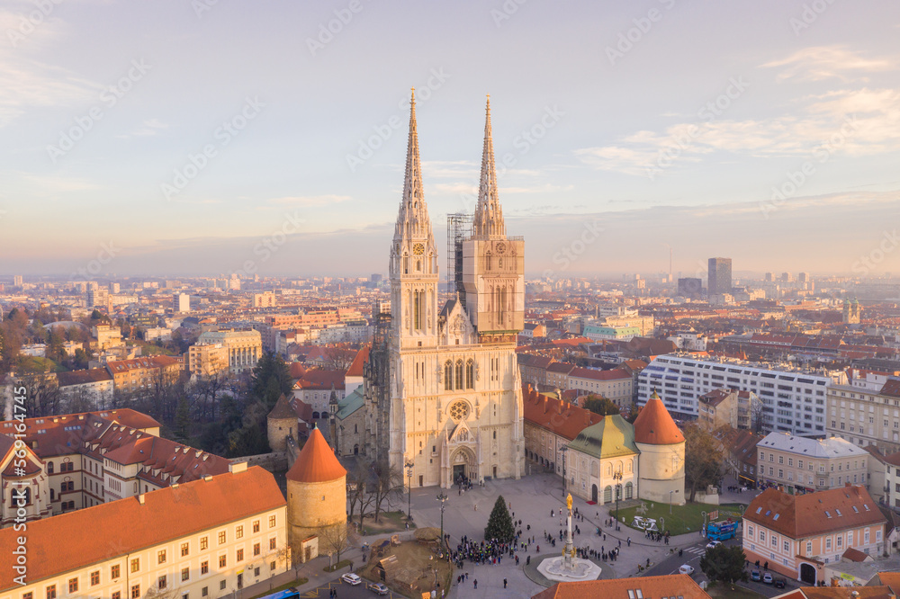 Zagreb Old Town And Cathedral in Background. Sightseeing Place in Croatia. Beautiful Sunset Light.