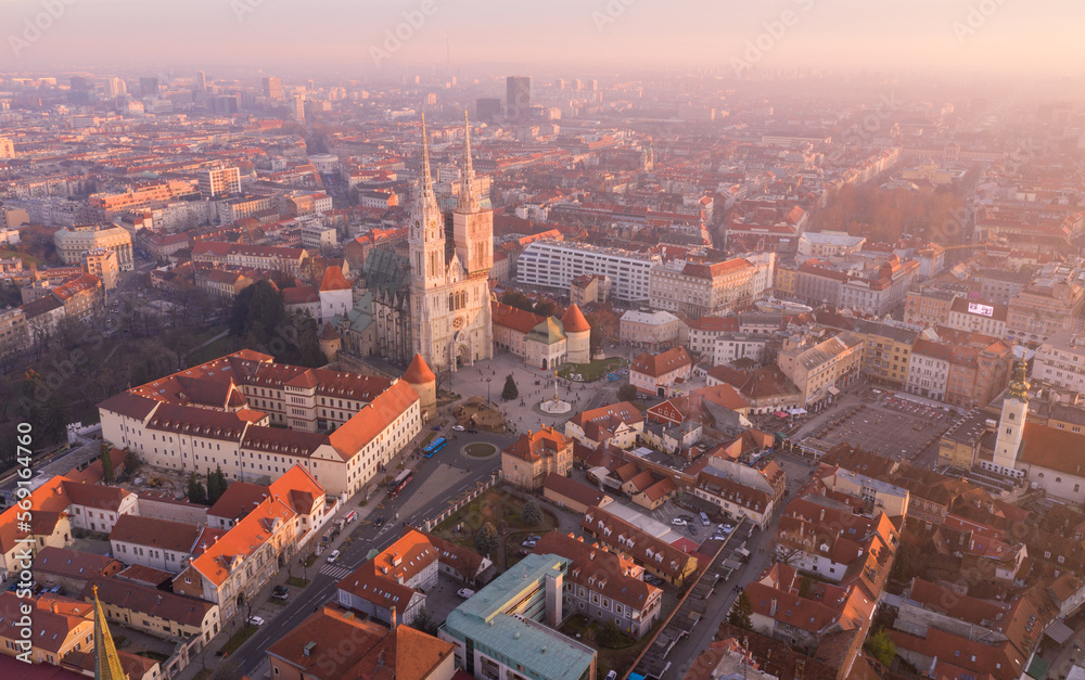 Obraz premium Zagreb Old Town and Cityscape with Zagreb Cathedral in Background. Croatia.