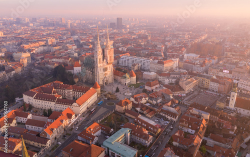 Zagreb Old Town and Cityscape with Zagreb Cathedral in Background. Croatia. photo