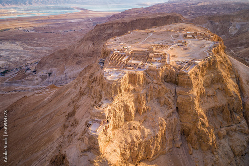 Masada. The ancient fortification in the Southern District of Israel. Masada National Park in the Dead Sea region of Israel. The fortress of Masada. Drone Point of View. photo