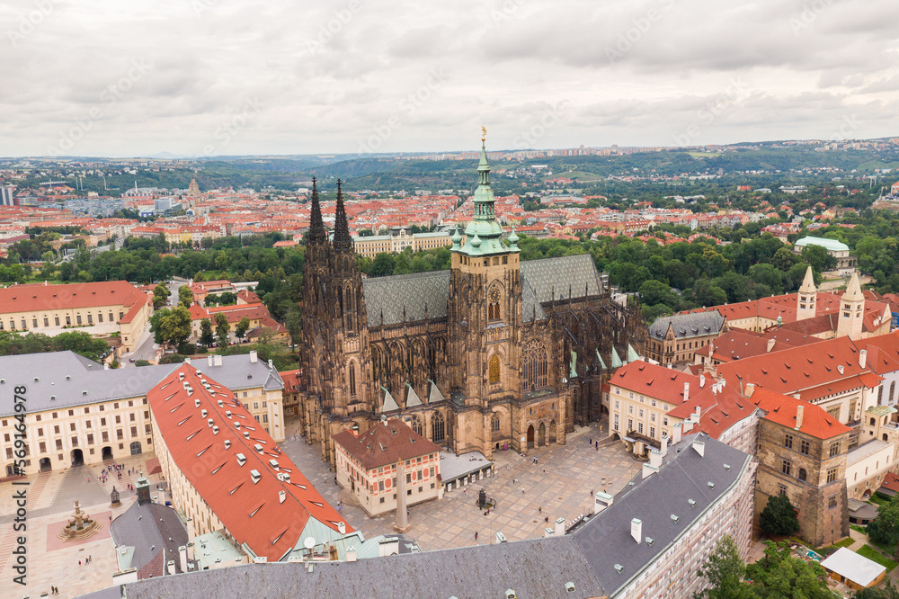 Prague Old Town with St. Vitus Cathedral and Prague castle complex with buildings revealing architecture from Roman style to Gothic 20th century. Prague, capital city of the Czech Republic