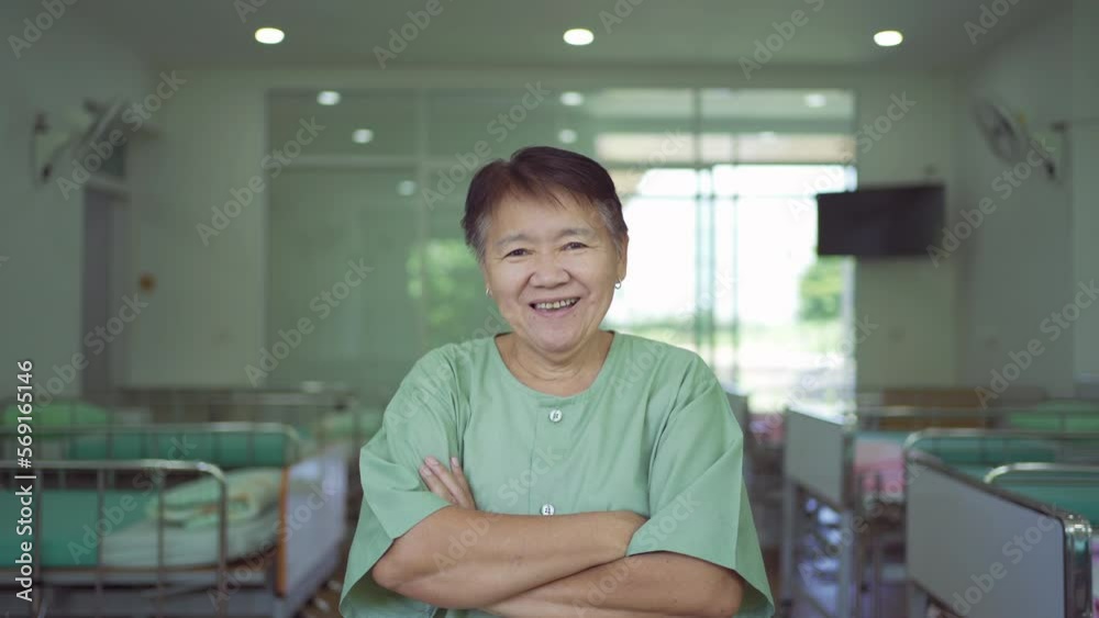 Portrait of happy smiling Asian sick old female senior elderly patient, woman person in hospital in medical healthcare concept. People lifestyle.