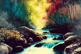 A colorful watercolor illustration of jungle river with rapids and lush vegetation