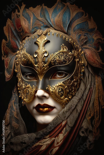 Illustration of a woman dressed with a Venetian mask and costume from seventeenth-century for a carnival party in Venice. Carnival elegant festive celebration background. Generative ai