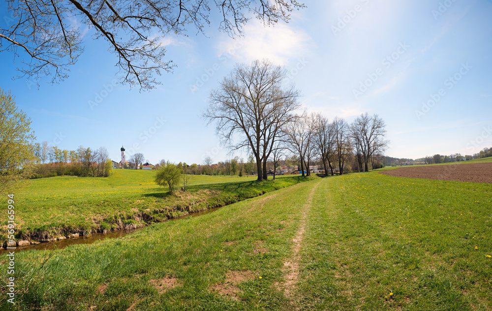 walkway along a brook from Schwindegg to Obertaufkirchen in spring walkway along a brook from Schwindegg to Obertaufkirchen in spring