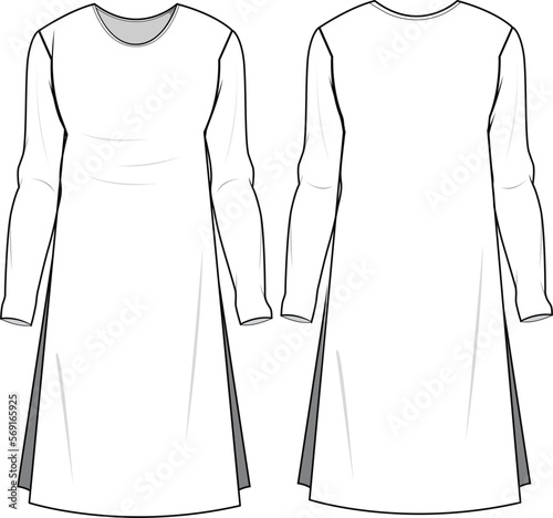 Round Neck Long Sleeve Side Slit Kurta Front and Back View. Fashion Illustration, Vector, CAD, Technical Drawing, Flat Drawing, Template, Mockup.  photo