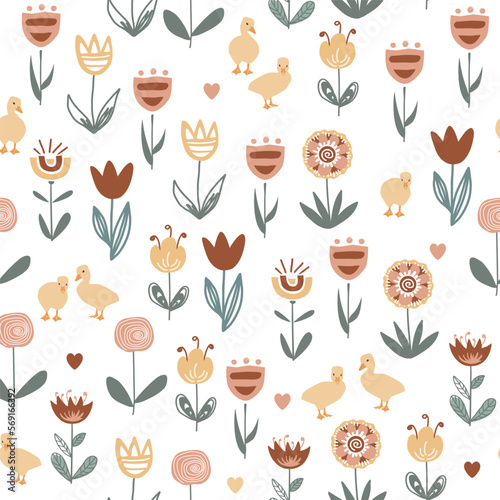 Cute gosling in a garden, seamless pattern. Baby geese and doodle Scandinavian flowers background. Vector illustration.
