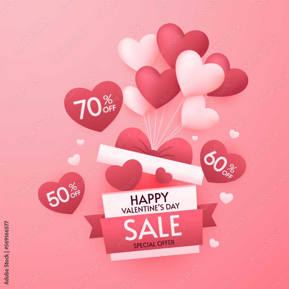 Promo Web Banner for Valentine's Day Sale. Beautiful Background with Red Hearts. Vector Illustration with Seasonal Offer. Valentine's Day Poster.