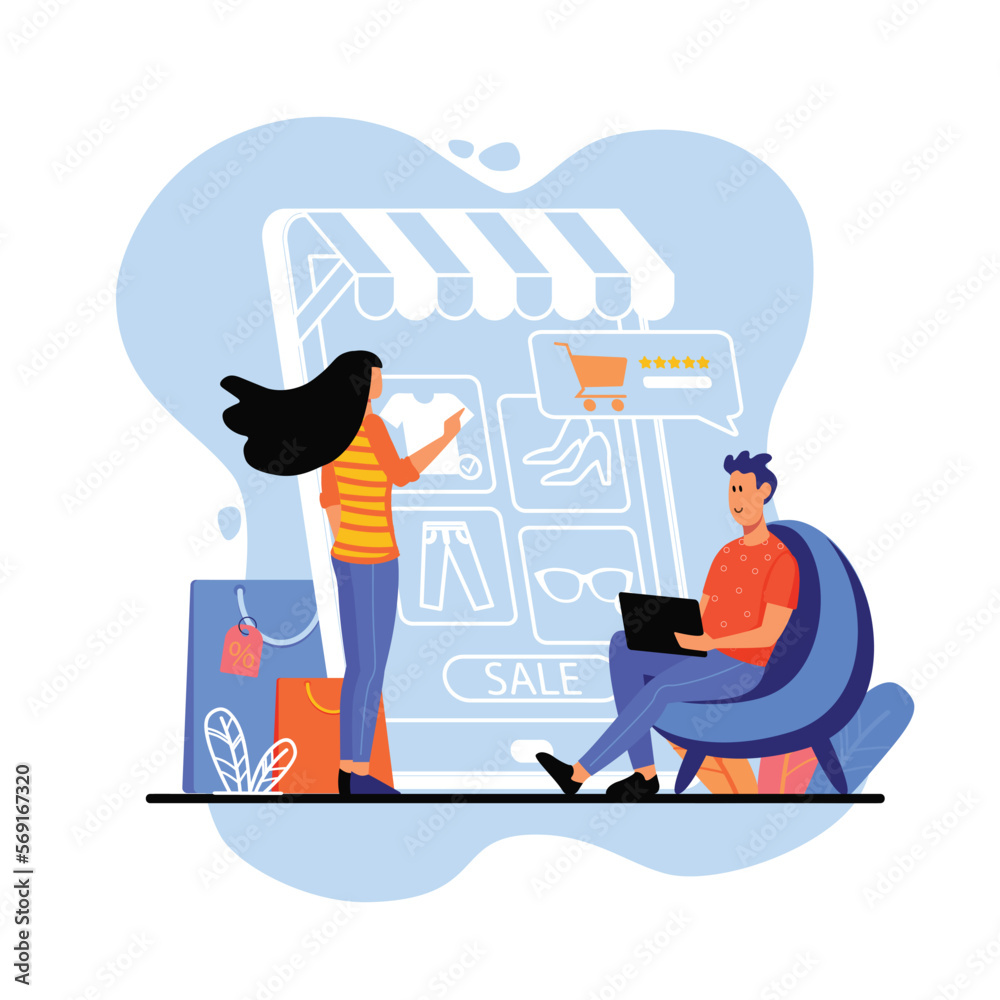 Online shopping blue concept with people scene in the flat cartoon style. Young couple choose clothes and make an order on the online store. Vector illustration.