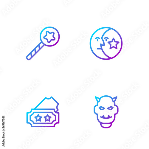 Set line Mask of the devil with horns, Ticket, Magic wand and Moon stars. Gradient color icons. Vector