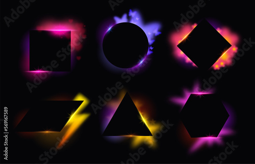 Frame with backlight. Retro glowing geometric shapes, abstract neon frames with hearts, butterflies, stars and lightning glow vector set