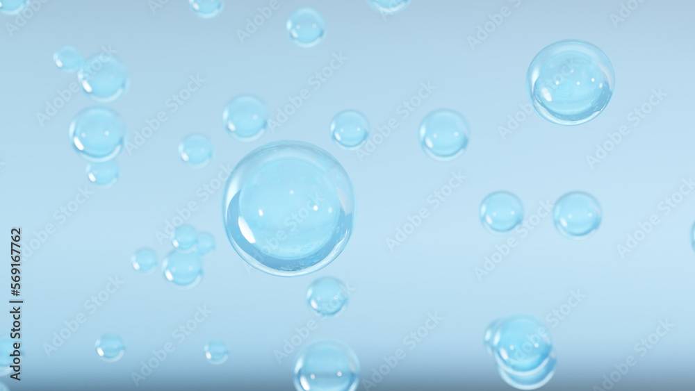 Cosmetics Bubbles of serum on a blurry background. Cosmetics miracle bubble design Transparent balls, creative bubbles, and luminous liquid blobs floating in space. 3D render