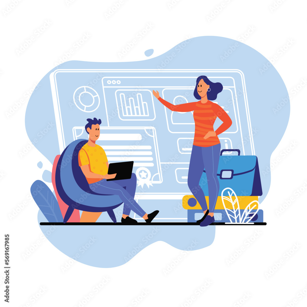 Blue concept Business success with people scene in the flat cartoon design. Two business partners discus success of their company. Vector illustration.