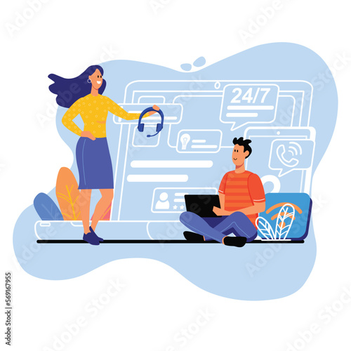 Online helpdesk blue concept with people scene in the flat cartoon design. Worker helps the boy find the information he needs. Vector illustration.