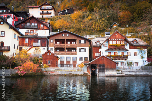 Hallstatt village on Hallstatter lake in autumn, Austria. A mountain village in the Austrian Alps.