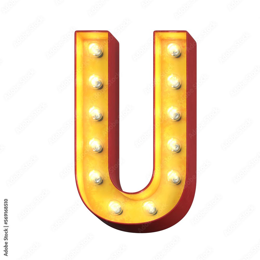 Light bulb glowing font, 3d alphabet character, 3d rendering, letter U