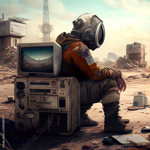 ai generated artistic, close up, portrait of a man 
in a space suit, trapped in a wasteland, heavy artistic influences, dystopian, apocalypse, ai generated