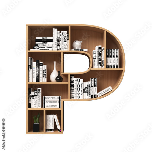 Bookshelves 3d font. Alphabet in the form of book shelves. Mockup font, 3d rendering. Letter P