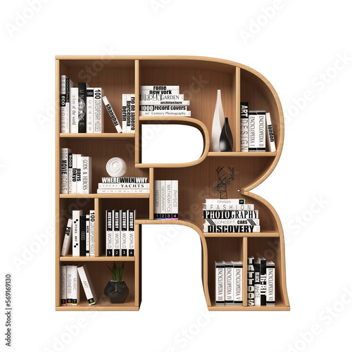 Bookshelves 3d font. Alphabet in the form of book shelves. Mockup font, 3d rendering. Letter R
