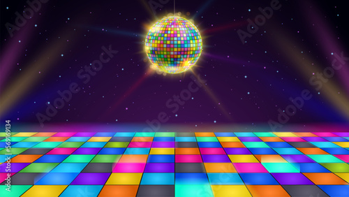 Disco dance floor. Retro party scene with LED squares grid glowing floor, disco ball and starry night sky vector background illustration