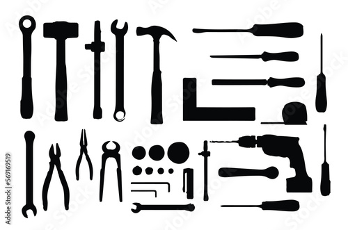 Tools set icon vector design. Hammer, screwdriver, wrench, instrument collection silhouette vector.