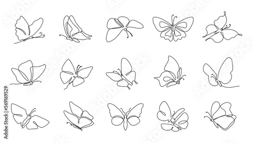 Single line butterfly. Flying moth, spring butterflies and fluttering papillon isolated vector outline illustration set