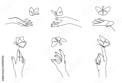 One line hands release butterflies. Hand with butterfly on finger, freedom and carefree summer hand drawn vector illustration set